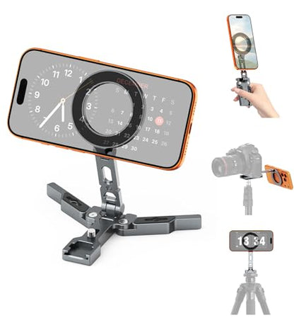 Magnetic Phone Tripod Mount Adapter for MagSafe, Aluminum Foldable Phone Holder with Arca-Swiss & 1/4" Screw Hole, Cold Shoe Mount for Camera, Pocket Mini Selfie Stick Tripod Mount for iPhone/Android