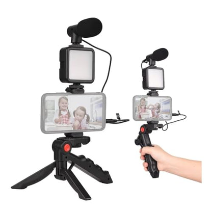 Smartphone Vlog Kit with Mini LED Light, Microphone, Extendable Phone Clip, Tripod, and Adjustable Brightness for Live Streaming, Selfies, Tiktok, YouTube, and Podcast (Phone/Android)