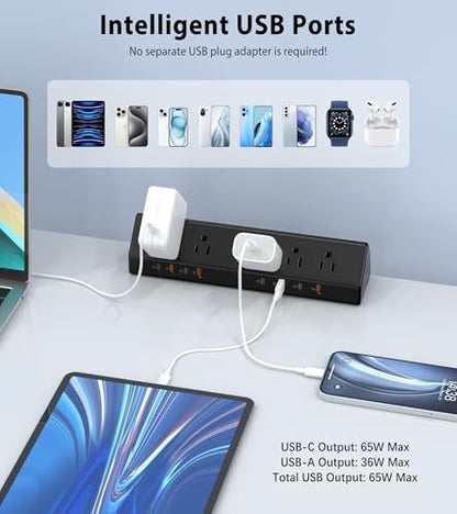 Desk Clamp Power Strip 65W Fast Charging Station,4 PD USB-C,5 Outlets,Nightstand Desk Edge Mount Tower Surge Protector,15 Amp Heavy Duty Power Strip,Fits 1.96" Tabletop Edge (Black, 6 FT Cable) - color: Black, size: 6 FT Cable