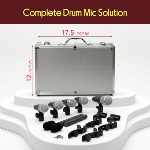Pyle 7-Piece Wired Dynamic Kit-Kick Bass, Tom/Snare & Cymbals Microphone Set-for Drums, Vocal, & Other Instrument-Complete with Thread Clip, Inserts, Mics Holder & Case, Black