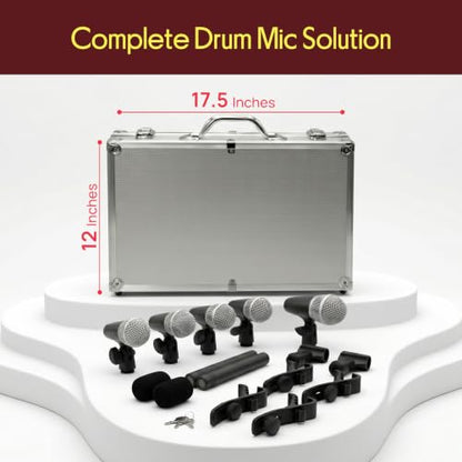 Pyle 7-Piece Wired Dynamic Kit-Kick Bass, Tom/Snare & Cymbals Microphone Set-for Drums, Vocal, & Other Instrument-Complete with Thread Clip, Inserts, Mics Holder & Case, Black
