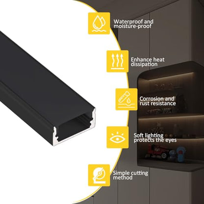 10-Pack 3.3ft/1m U-Shape LED Aluminum Channel with Black Cover, Black LED Strip Light Diffuser Track, Waterproof LED Profile for Under Cabinet, Stairs, Wardrobe, fits 12mm/0.5" Wide Strips - color: Black Aluminum + Black Cover, size: 3.3FT/10P/#048