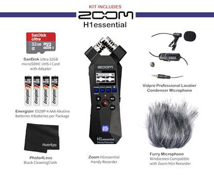 Zoom H1essential Handy Recorder Bundle with Professional Lavalier Condenser Microphone, 32GB microSDHC Card, Furry Microphone Windscreen, 4 AAA Alkaline Batteries, and More!