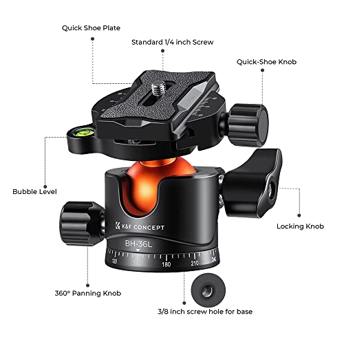 K&F CONCEPT 36mm Metal Tripod Ball Head 360 Degree Rotating Panoramic with 1/4 inch Quick Release Plate Bubble Level for Monopod Camera Camcorder Load Capacity up to 35.2 lbs/16KG - size: 16 kg Capacity
