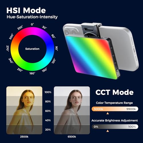 RGB Video Light, Pocket LED On-Camera Video Lights, 3000-9900K 360 Full Color 20 Light Effects, Portable Front & Back Phone Clip for Laptops, Phone and Camera, Vlogging, Photography, TikTok