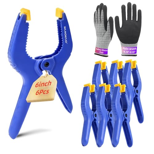 6 inches Spring Clamps Heavy Duty - 6 Pack Large Plastic Clamps& Safety Work Gloves for Woodworking, Crafts, Backdrop and Pool Cover with 3 Inches Mouth Opening And Serrated jaws - size: 6 inches