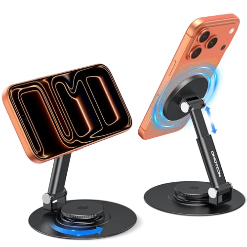 OMOTON MS05 360° Rotating Magnetic Phone Stand for MagSafe, [Height Adjustable] Foldable Cell Phone Stand for Desk, Office Desk Accessories Gift for iPhone 17/16/15 Pro Max Air for PC Gaming Women Men