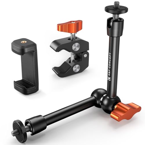 K&F CONCEPT 9.8" Magic Arm Clamp with Phone Holder, 360° Ball Heads Camera Arm Mount for Phone/LED Lights/Monitor/Flash/Microphone/DSLR Camera - style: 9.8" with phone holder