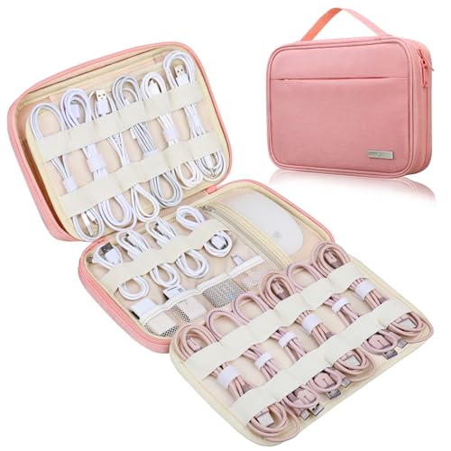 Lacdo Cord Organizer Travel, Cable Organizer Bag Case, Portable Electronics Organizer Travel Case, 6 Layer Large Capacity Charging Cords Storage organizer for Cables, SD Card, Travel Essentials, Pink - color: Pink