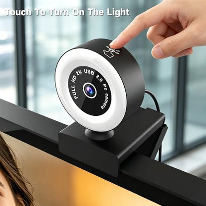 USB HD 2K Video Webcam，with Ring Ligh and Microphoneand Rotatable Tripod& Privacy Cover for PC，, Fast AutoFocus，with Auto White Balance for Video Calls, Live Streaming Gaming & Online Meetings
