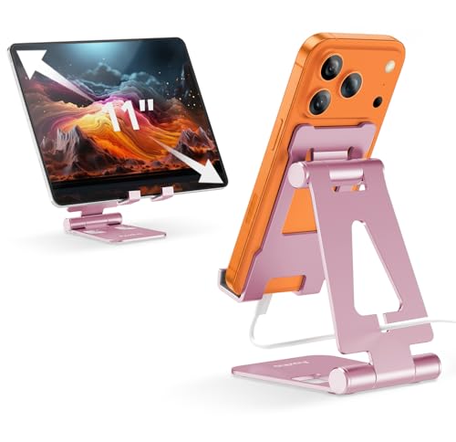 Aoviho Foldable Cell Phone Stand for Desk, Adjustable Phone Holder for Office, Video Calls and Streaming, Portable Desktop Phone Dock Compatible with iPhone 17 16 15 14, Samsung Galaxy, Pink - color: Pink
