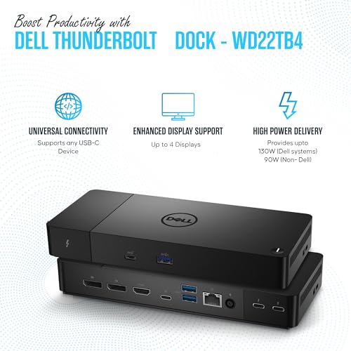 WD22TB4 Dell Thunderbolt 4 Dock 40Gbps USB-C/USB-A 1 Year Warranty - Docking Station with 180W, HDMI, DisplayPort Cables & Cleaning Cloth – Supports Dual/Triple Monitors & 4K Displays