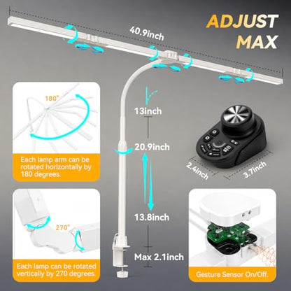 Adjustable LED Desk Lamp with Clamp, 4-Head Eye-Caring CRI95+ Desk Light, Stepless Dimming & Color Temp Remote Control, Flexible Neck, 5-Mode for Reading, Computer, Crafting, 90" Wide Desk Coverage - color: White