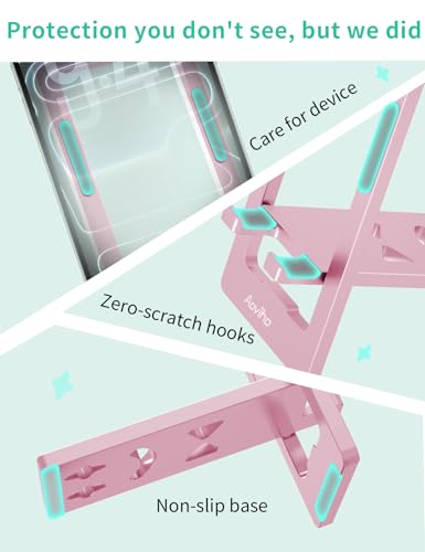 Aoviho Phone Stand for Desk, Ultra-Thin Foldable Aluminum Phone Holder, Portable Travel & Office Cell Phone Stand Compatible with iPhone 17 16 15 14 13 12 Pro Max, Fits 3.7"-7" Devices, Pink - color: Pink