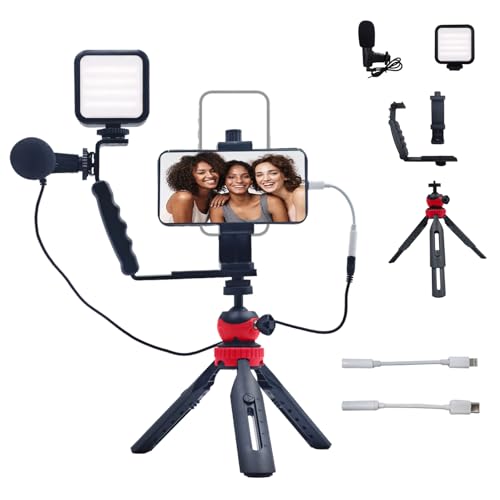 Vlogging Kit for iPhone Android Accessories, with Phone Mount, Tripod, LED Light, Microphone to One-Hand Operate Video Calling, Vlogging, YouTube, Instagram, Tiktok - color: Black