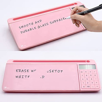 TOWON Desk Dry Erase Board with Detachable Calculator, Small Glass Desktop Whiteboard, Desktop whiteboard - Glass Dry Erase White Board- Desk Computer Buddy for Home Office Supply, Pink, 17 x 6 in - color: Cal Pink