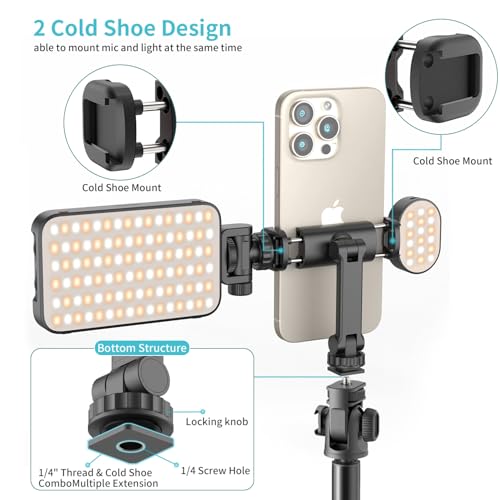 Phone Tripod Mount Holder for iPhone - 2 Cold Shoe and 1/4" Screw, 360° Rotates and 180° Tilts Compatible for iPhone Android Sony Canon DJI Ronin S/SC Zhiyun Gimbals