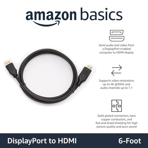 Amazon Basics DisplayPort to HDMI Display Cable, Uni-Directional, Video and Audio, Gold-Plated, 6 ft, Black, Case of 120 - size: 6 Feet, style: 120-Pack