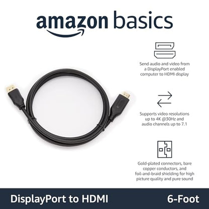 Amazon Basics DisplayPort to HDMI Cable, Uni-Directional, Gold-Plated, Video and Audio, 6 ft, Black, Case of 52 - size: 6 Feet, style: 52-Pack