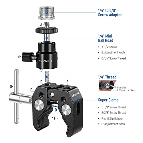 NEEWER Mini Articulated Ball Head with Crab Clip Mic Holder with 1/4" to 5/8" Thread, Compatible with SmallRig Camera Cage and Microphones, Support up to 3.3 lbs - style: MS013