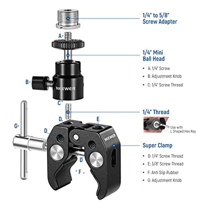 NEEWER Mini Articulated Ball Head with Crab Clip Mic Holder with 1/4" to 5/8" Thread, Compatible with SmallRig Camera Cage and Microphones, Support up to 3.3 lbs - style: MS013
