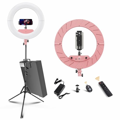 Ring Light 18 INCH Kit,55W6700k Dimmable LED Light, Tripod Stand, Remote Controller,Box for Camera,Smartphone,YouTube,TikTok,Self-Portrait Shooting,CRI95 (Pink) - color: Pink