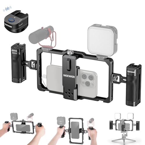 NEEWER Universal Phone Cage Video Rig with Bluetooth Shutter Side Handle Comfort Grips, Smartphone Stabilizer for Video Recording Compatible with iPhone 16 15 Pro Max 15 Pro Galaxy S24 Ultra, PA009E