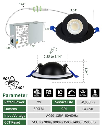 zouzai 3 Inch Gimbal LED Recessed Lights, Black, 1 Pack, with Junction Box, 360°+ 90° Adjustable, 5CCT 2700K-5000K, Dimmable, Canless Eyeball Downlight, CRI90+, 800LM 7W 120V, ETL - color: Black-3 inch, size: 1 Pack