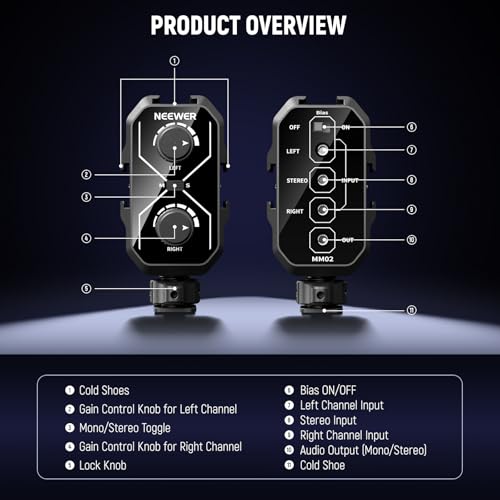 NEEWER MM02 Dual Channel Microphone Audio Mixer Adapter with 3.5mm TRS Cable, Stereo/Mono Switch, Cold Shoe Mounts for DSLR Camera, Smartphones, Wireless Mic Receiver, Video Recording Interview Mic - style: MM02