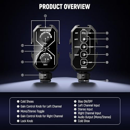NEEWER MM02 Dual Channel Microphone Audio Mixer Adapter with 3.5mm TRS Cable, Stereo/Mono Switch, Cold Shoe Mounts for DSLR Camera, Smartphones, Wireless Mic Receiver, Video Recording Interview Mic - style: MM02