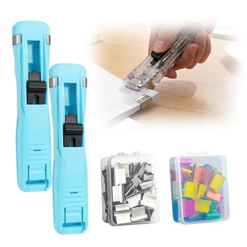 Portable Binder Clip Stapler, 2026 New Reusable Portable Paper Clam Clip Dispenser, 100 Metal Refill Clips (50 Silver + 50 Color) for Home, School, Desk Office (Light blue-2PCS) - color: Light Blue-2pcs