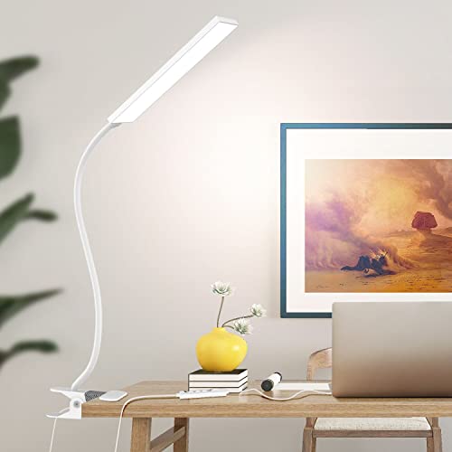 Vansuny Clip on Light LED Desk Lamp with Metal Clip, 6 Level Brightness 3 Color Modes, Power by USB Port 5W Adjustable Neck Eye-Caring Reading Light for Home and Office, White - color: White