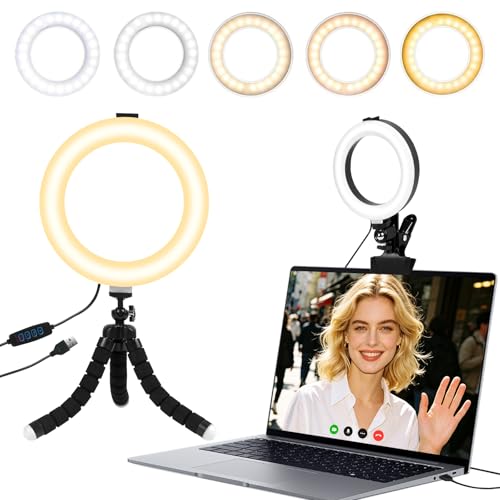 Clip on Ring Light for Laptop, TPQKA 16cm Video Conference Lighting Kit with 5 Color Temperatures & 5 Brightness Levels, Dimmable Webcam Light for Zoom Calls, Remote Working, Live Streaming