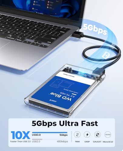 ORICO 2.5'' External Hard Drive Enclosure USB 3.0 to SATA III Tool-Free Clear Hard Disk Case for 2.5 inch 7mm 9.5mm SATA HDD SSD Max 6TB Support UASP(2139U3)