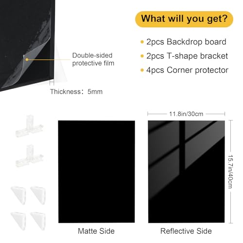 Meking Product Photography Backdrops, Black Double Sided Matte and Reflective Background for Food,Makeup, Jewelry and Other Small Product,2PCS 15.7x11.8in Photo Backdrop Boards with 2PCS Bracket - color: Black