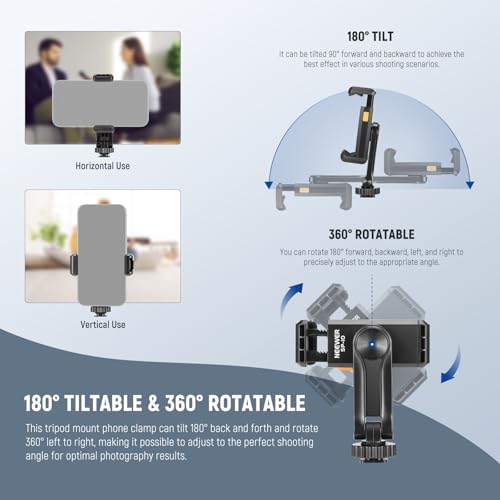 Neewer Basic Phone Tripod Mount Holder with 1/4" Thread & Cold Shoe, 2.36"-3.54"/6-9cm 360° Rotatable Camera Mount Cellphone Clamp for iPhone 16 15 14 13 12 11 Pro Max X XR Samsung S24 Ultra, SP-10 - style: SP-10