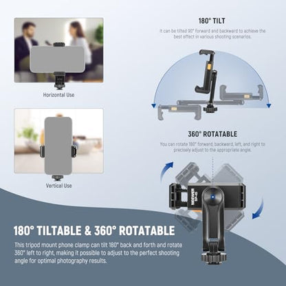 Neewer Basic Phone Tripod Mount Holder with 1/4" Thread & Cold Shoe, 2.36"-3.54"/6-9cm 360° Rotatable Camera Mount Cellphone Clamp for iPhone 16 15 14 13 12 11 Pro Max X XR Samsung S24 Ultra, SP-10 - style: SP-10