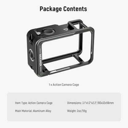 NEEWER Action Camera Cage for Osmo Action 5 Pro / 4/3, Protective Metal Video Rig with Cold Shoe, 1/4" Thread, Shutter Button Compatible with DJI Mic Magnetic Adapter Mount Accessories, AC014 Black - style: AC014 Cage(Black)