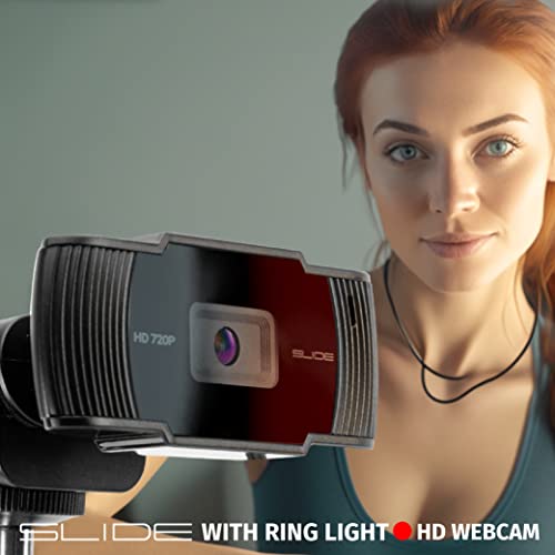 Slide 720P HD Webcam with Portable Ring Light and Clamp-on Stand, Streaming Camera with Mic, 30 FPS, 30 Light Modes, 2 Flexible Arms, Secure Clamp, Includes Sliding Lens Cover and USB Cable - size: 720P