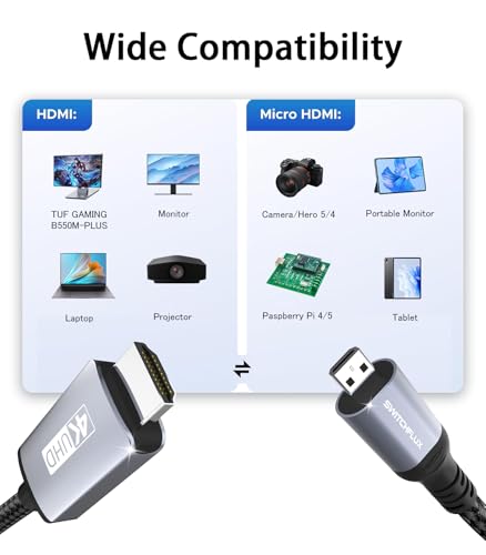 4K Micro HDMI to HDMI Cable 3FT, 4K@60Hz HDR High Speed HDMI Cord, Nylon Braided Compatible with GoPro Hero, Raspberry Pi 5/4, DSLR Camera, Laptop to TV - size: 3 Feet