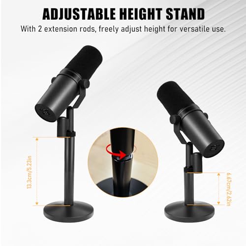 Desktop Microphone Stand for Shure SM7B/SM7DB, Adjustable Height with 2 Extension Rods, All-Metal Heavy-Duty, Easy Setup & Portable Space-Saving Mic Stand