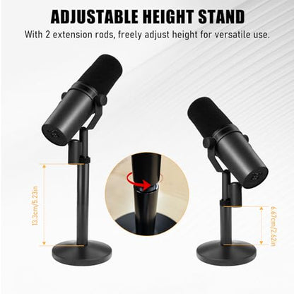 Desktop Microphone Stand for Shure SM7B/SM7DB, Adjustable Height with 2 Extension Rods, All-Metal Heavy-Duty, Easy Setup & Portable Space-Saving Mic Stand