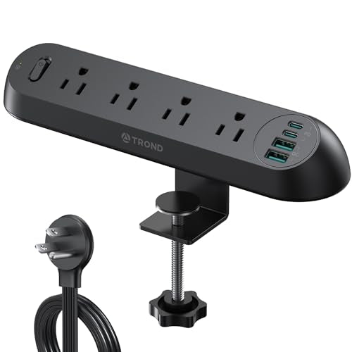 TROND Desk Clamp Power Strip USB C PD 20W - Flat Plug 10ft Extension Cord, Surge Protector with 4 AC Outlets 4 USB Ports, 1700J, ETL Listed, Fits 1.97 inch Tabletop Edge, for Home Office, Black - color: Black, size: 10FT (4 Outlets & 4 USB Ports)