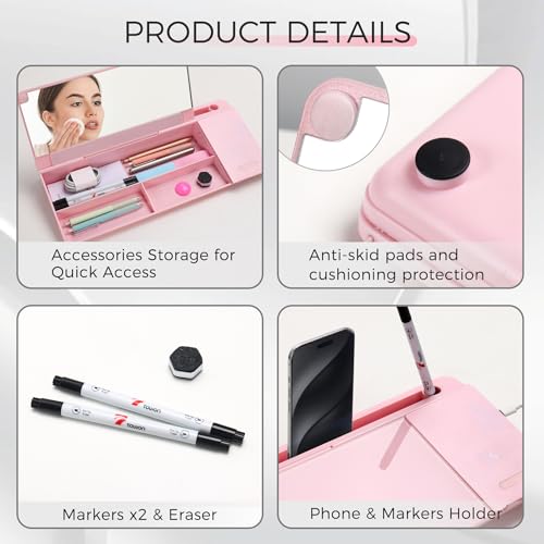 TOWON Desktop Glass Whiteboard with Charger Pad, Small Desk Whiteboard - Glass Dry Erase White Board- Desk Computer Buddy with Storage, Mirror and Charging Station, Pink, 17 x 6 in - color: Charger Pink