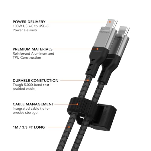 ROKFORM PowerTrip 100W USB-C Charging Cable, 1m (3.3 ft) | Braided Cable, Integrated Cable Tie, 5,000 Bend Tested, Reinforced Aluminum, Kevlar and TPU - size: 3.3ft