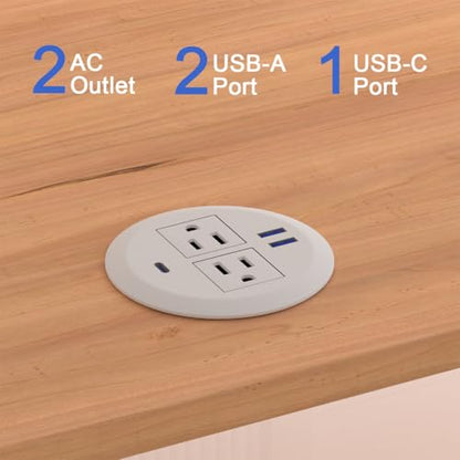 2 Pack Recessed Power Grommet 3 Inch,20W Fast Charging USB C.Fadossu Desktop Flush-Mount Power Grommet Outlet with 2-AC Outlet,3-USB Port,Fit 3-1/8" Round Desk Grommet Hole,6.56FT Cord,White