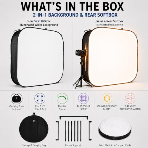 Glow HiGlow 5 x 7 ft Illuminated White Background & Rear Softbox, 2-in-1 Free-Standing Collapsible Photography Backdrop, Removable Fabric Panel, Carry Bag, 1-Year Limited Warranty - size: 5 x 7 ft