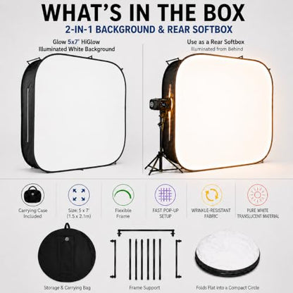 Glow HiGlow 5 x 7 ft Illuminated White Background & Rear Softbox, 2-in-1 Free-Standing Collapsible Photography Backdrop, Removable Fabric Panel, Carry Bag, 1-Year Limited Warranty - size: 5 x 7 ft
