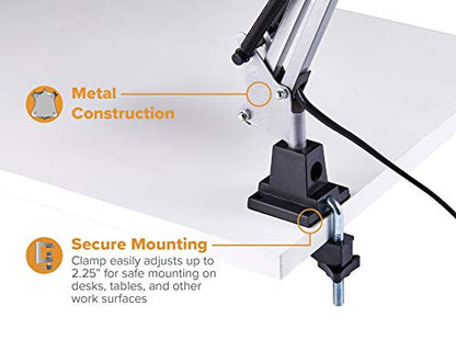 Bostitch Office VLF100-WHT Swing Arm Desk Lamp with Clamp Mount, 36" Reach with Multi-Joint Adjustment, Includes Replaceable LED Bulb (VLF), White - style: Clamp, White