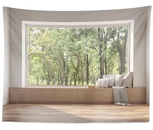 BELECO 12x10ft Fabric Modern Living Room Backdrop House Interior Window Scenery Green Forest Trees Nature Background Wallpaper Home Office Zoom Meeting Video Conference Backdrop Photo Studio Props - size: 12x10FT
